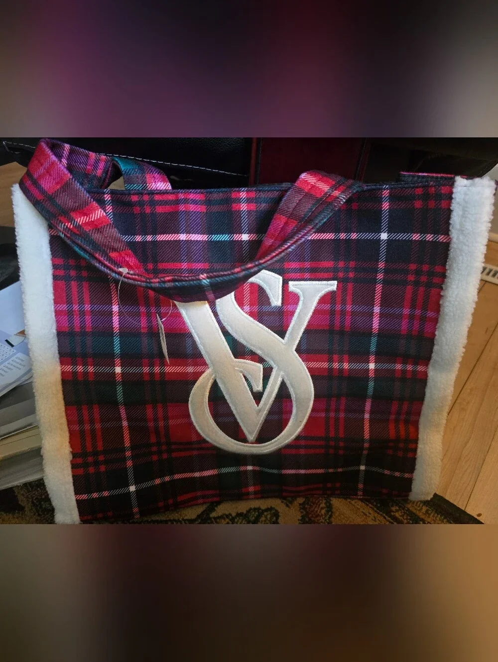 Victoria's Secret Christmas Tartan Tote Bag Plaid Red & Pink Sherpa Trim NWT